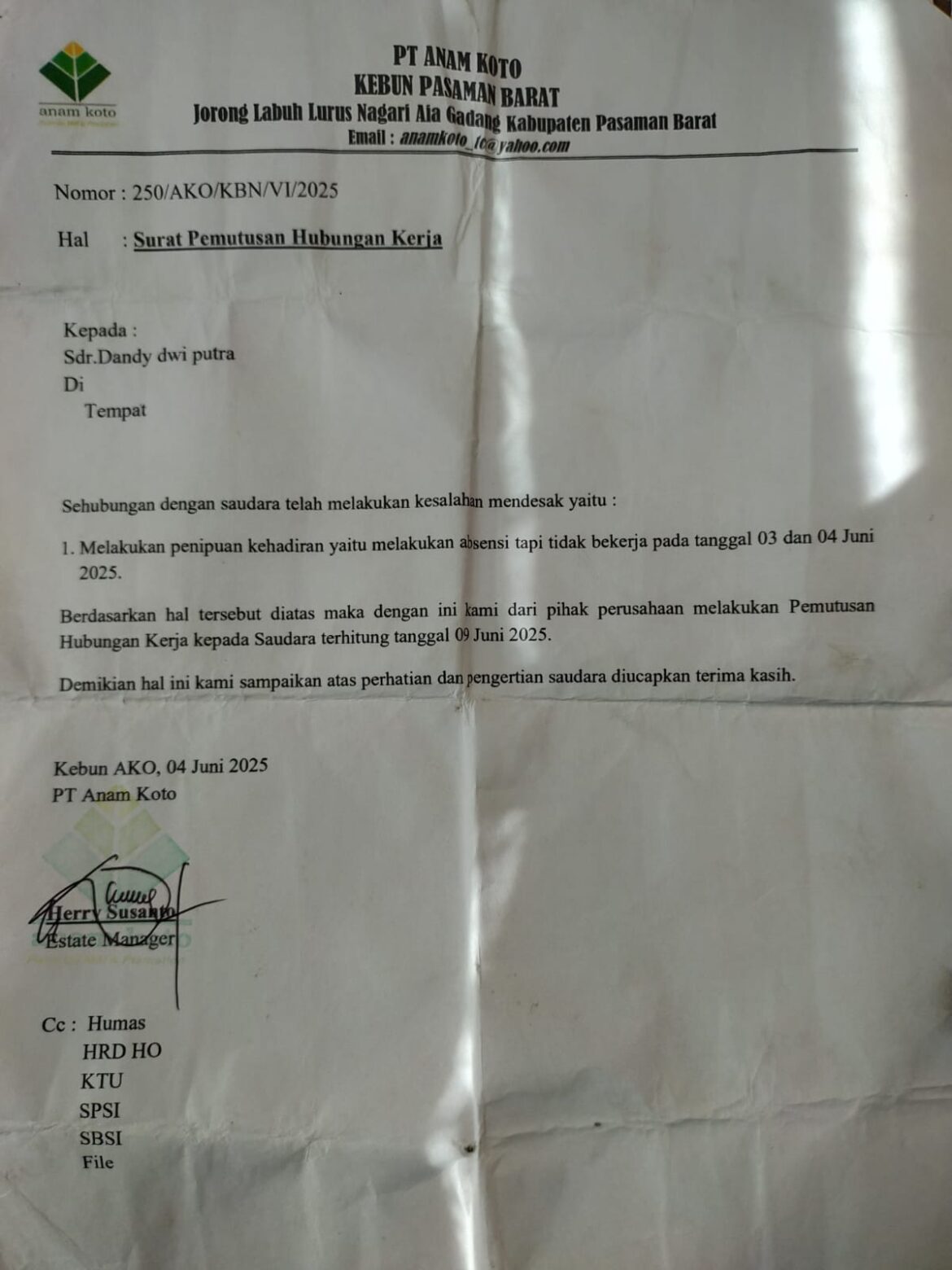 Seorang Karyawan PT Anam Koto, Di Berhentikan Tanpa Uang Pesangon